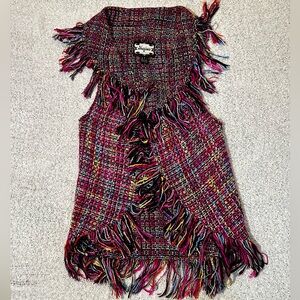 Meghan LA Vibrant Tweed Knit Sleeveless Color Pop Open Shawl Fringe Vest Size S